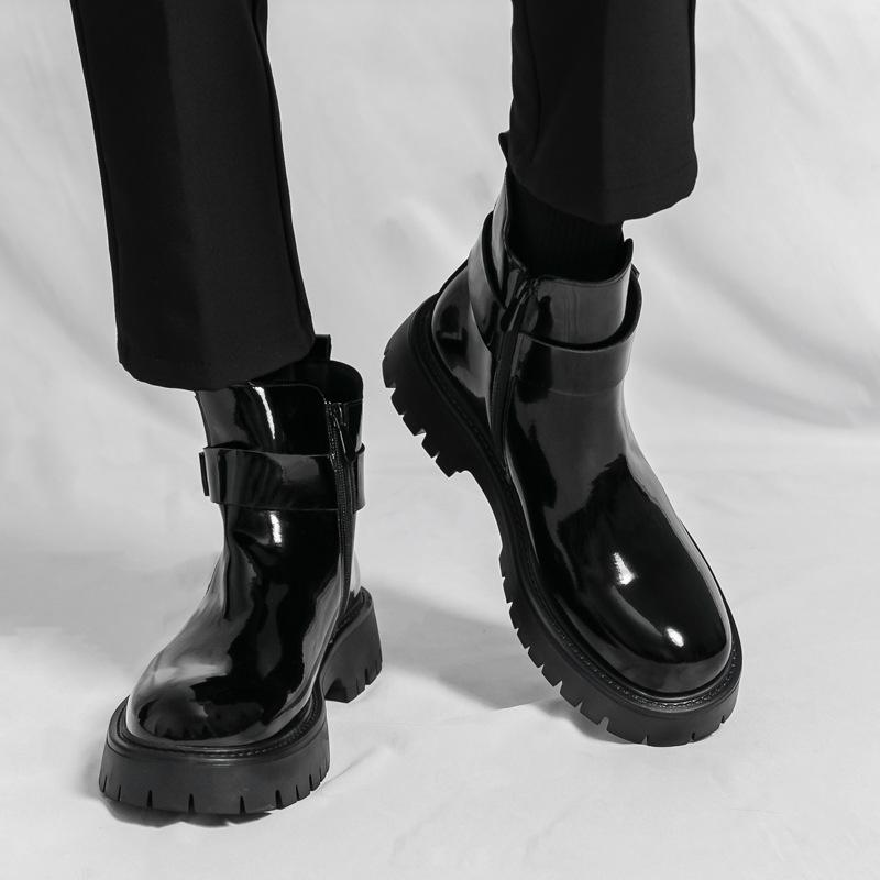 New autumn and winter outdoor men's round head Chelsea boots glossy fashion locomotive British style Martin boots zipper