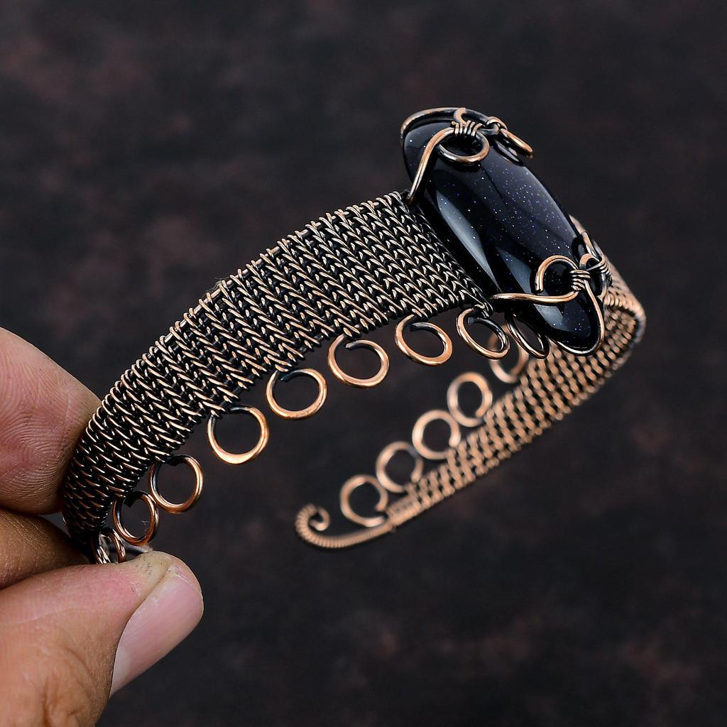 Blue Sunstone Bangle Copper Wire Wrapped Cuff Bracelet Gemstone Jewelry Adjustable Cuff Bracelet Copper Wire Wrap Jewelry Handmade Bracelet