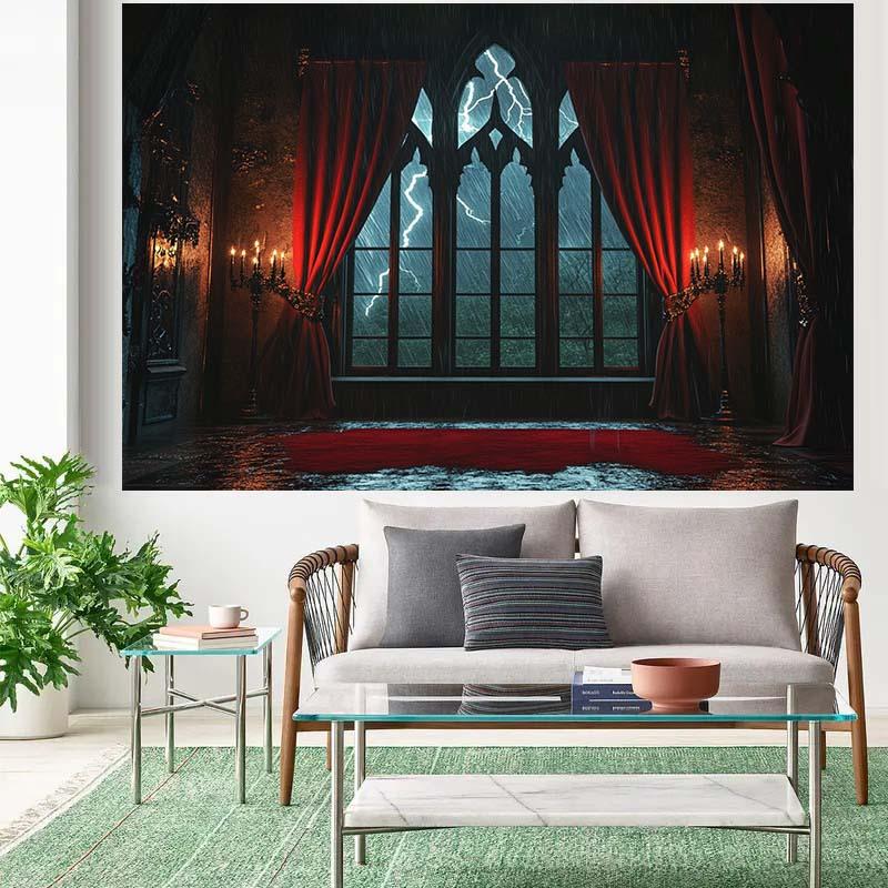 One-person Gothic window lightning red curtains polyester photography background Halloween decoration party background