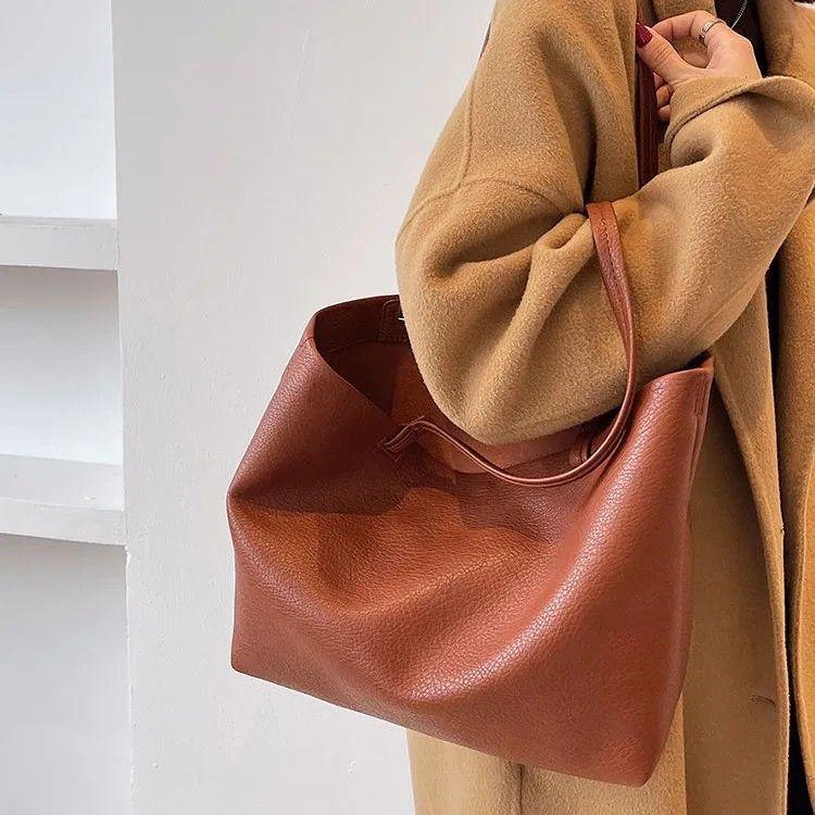 

Женская сумка-тоут большой вместимости из мягкой кожи с зернистой текстурой личи в универсальном корейском стиле для поездок на работу