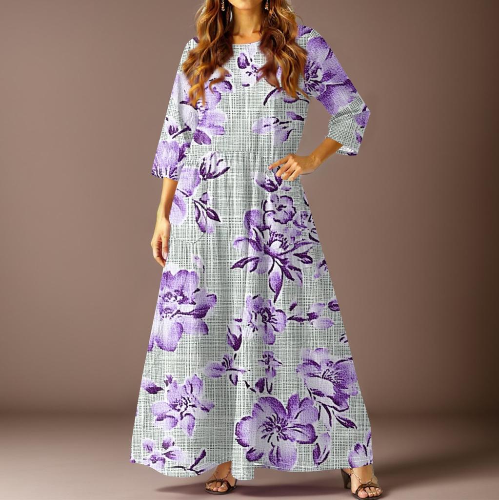 Women's Casual Fashion Vintage Floral Print Three-quarter Sleeve Long Dress With Pockets