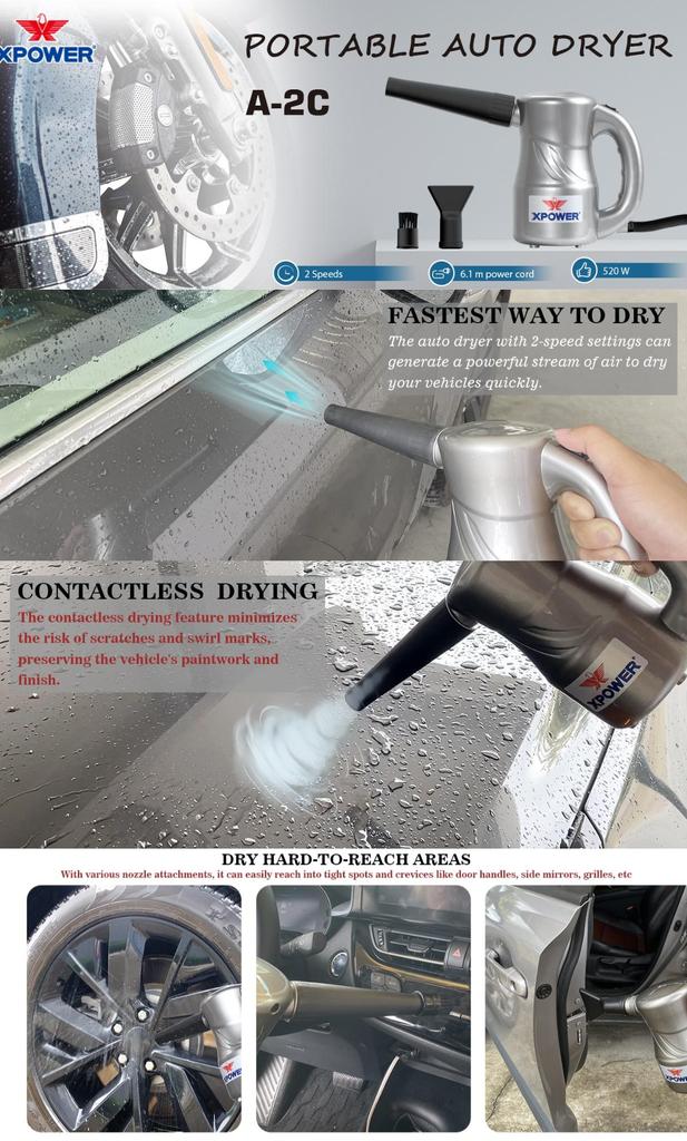 Auto Car dryer XPOWER Electric Dryer Air Duster Air Pump Air Spray Auto Car dryer Blower 6m Power Cable Silver Gray A-2C