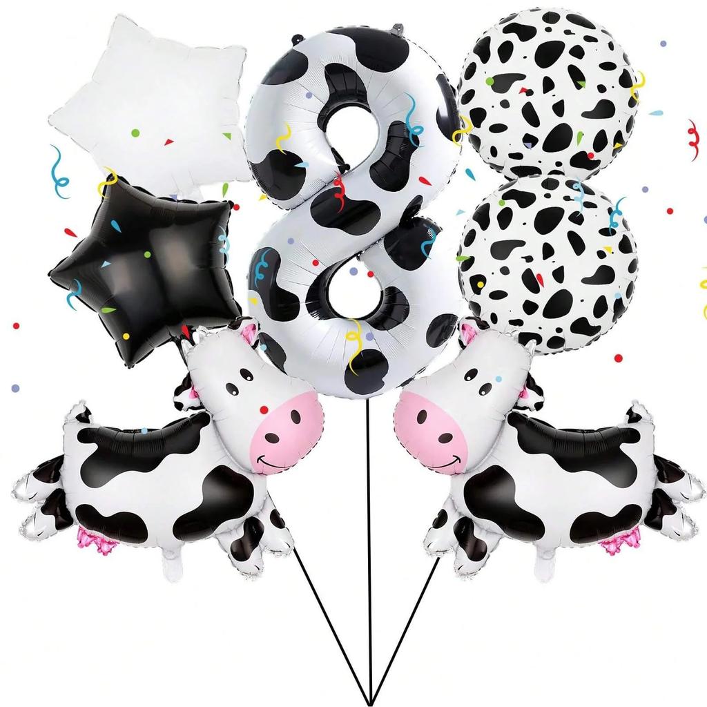 7pcs Cartoon Big Cow Balloon 40inch Black White Cow Number 0-9 Balloon Set Kid's Birthday Farm Animal Party Balloon Decoration
