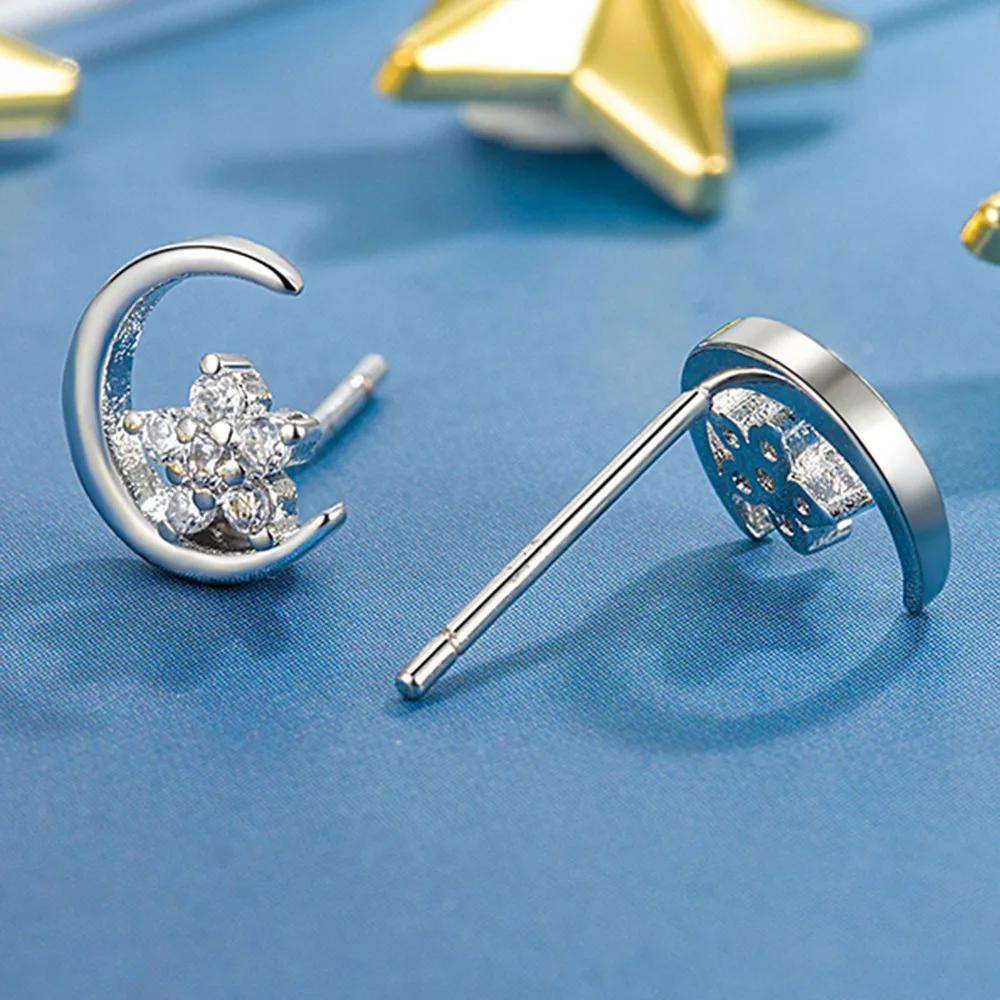 Fashion Female Earrings Sterling SIlver Moon Star Shaped Earrings for Women Sparkling Zircon Earrings Wedding Gift