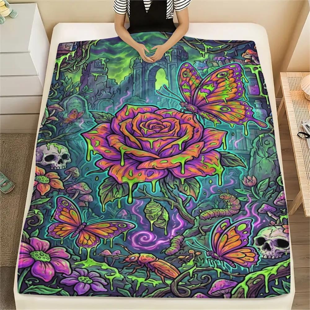 Corrosive Acid Skull and Rose Print Flannel Blanket,High Quality Comfortable for All Seasons,Home Decor,Warmth and Comfort,Perfect for Christmas Gifts