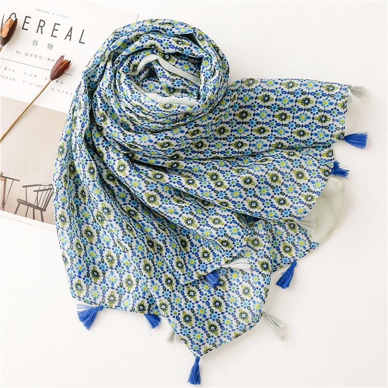 Scarf Female Retro Ethnic Style Bohemian Balinese Yarn Blue Flower Travel Sunscreen Photo Shawl Silk Scarf Women