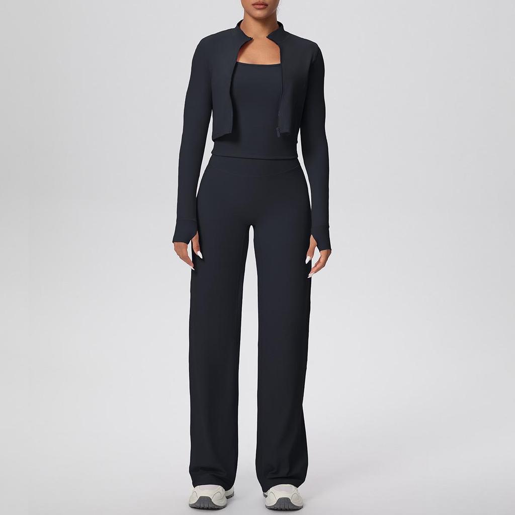 Women's High-Waisted Yoga Set: I-Beam Vest, Wide-Leg Pants, Skin-Friendly Sports Zipper Jacket