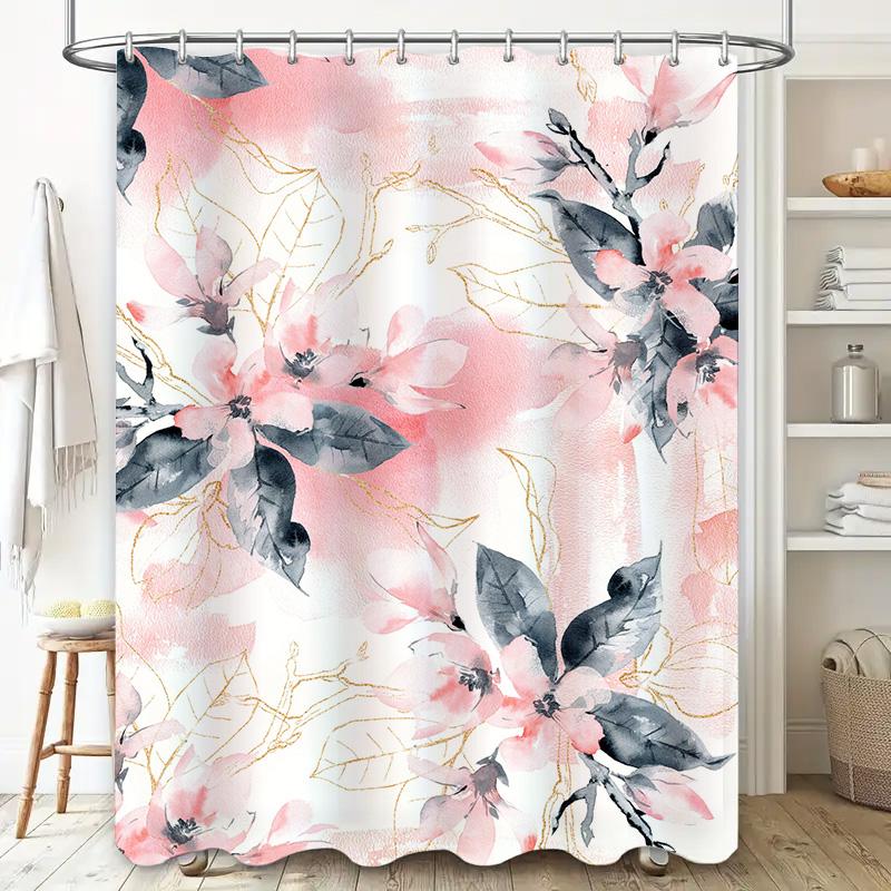 Luxury Watercolor Floral Shower Curtain Pink Black Decorative Bathroom Fabric Waterproof Liner for Bathtub or Knees High Hangers