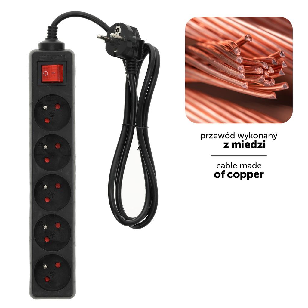 Extension Cord Strip, 5 Sockets, 1.5 , with Grounding and Switch, Black