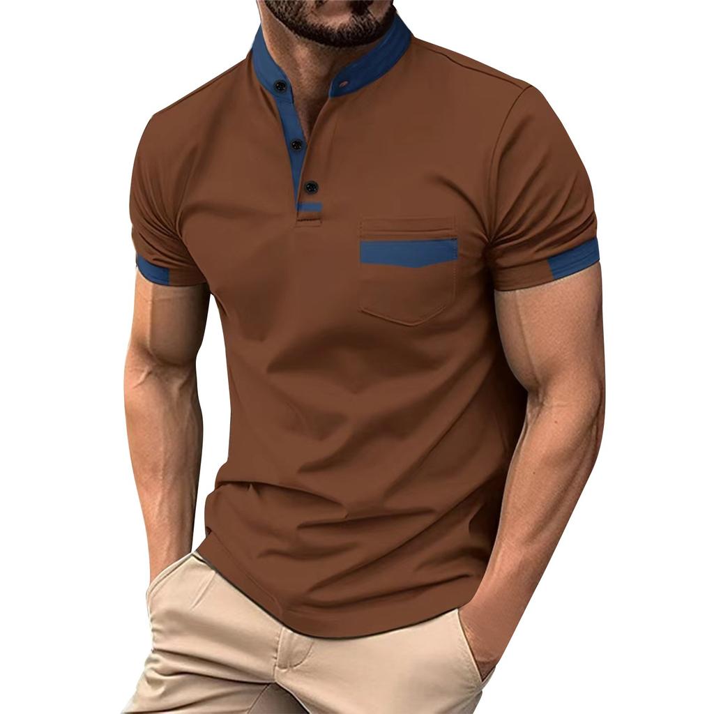 Men's Summer Shirt Color Patchwork 3 Button Sports Shirt Top
