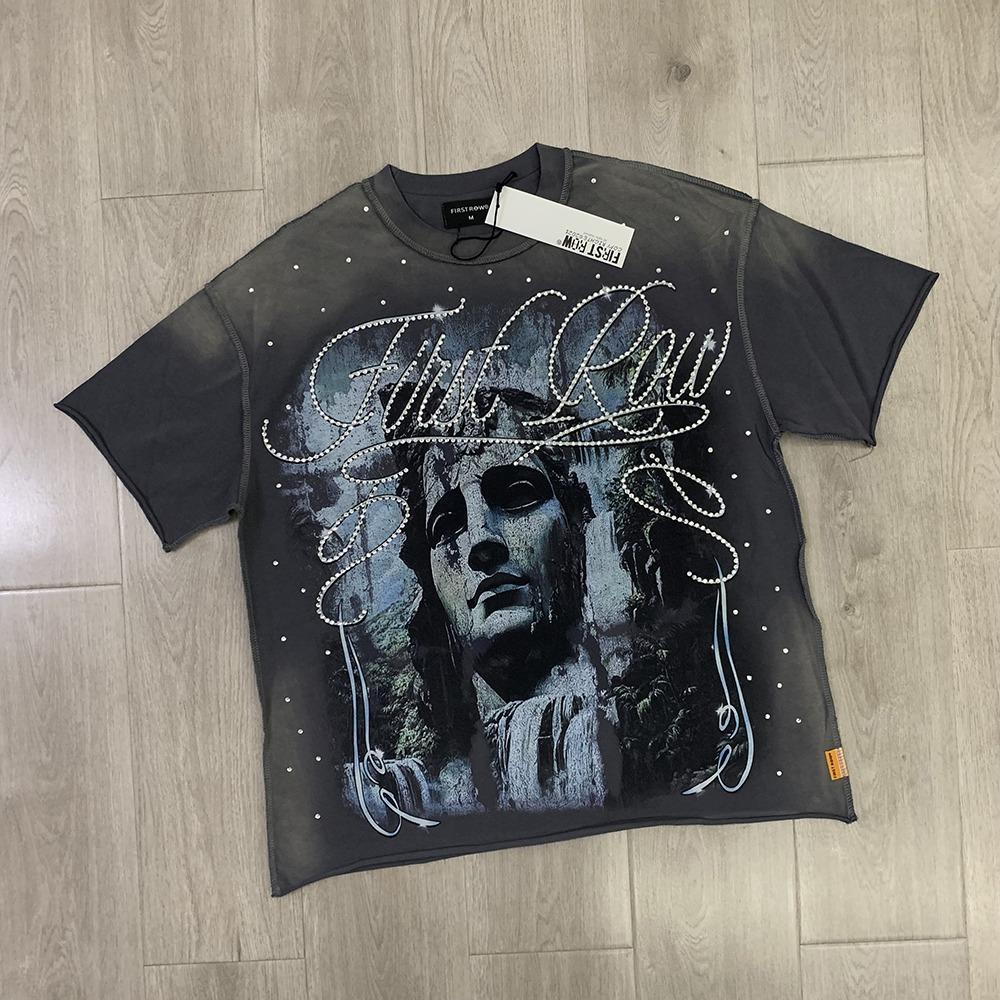 Streetwear Vintage Washed Diamond Cropped Tee for Men Crew Neck Short Sleeve Loose Rhineston Tshirts Oversized M