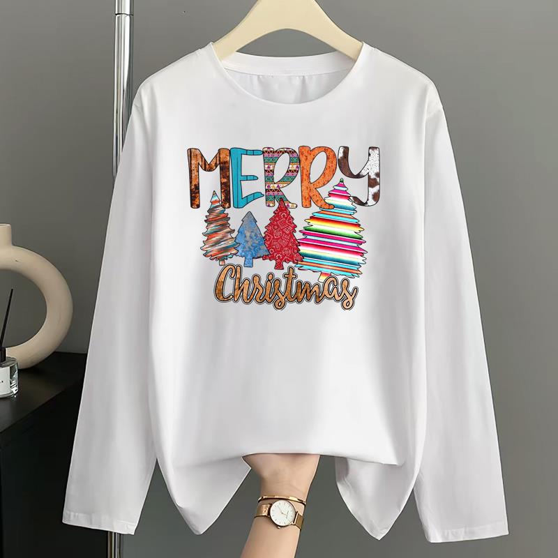(Asian Size) sweet merry style Print T Shirt Christmas holiday Graphic Tee Women autumn winter Casual Fashion Top Clothing Long Sleeve T-shirts