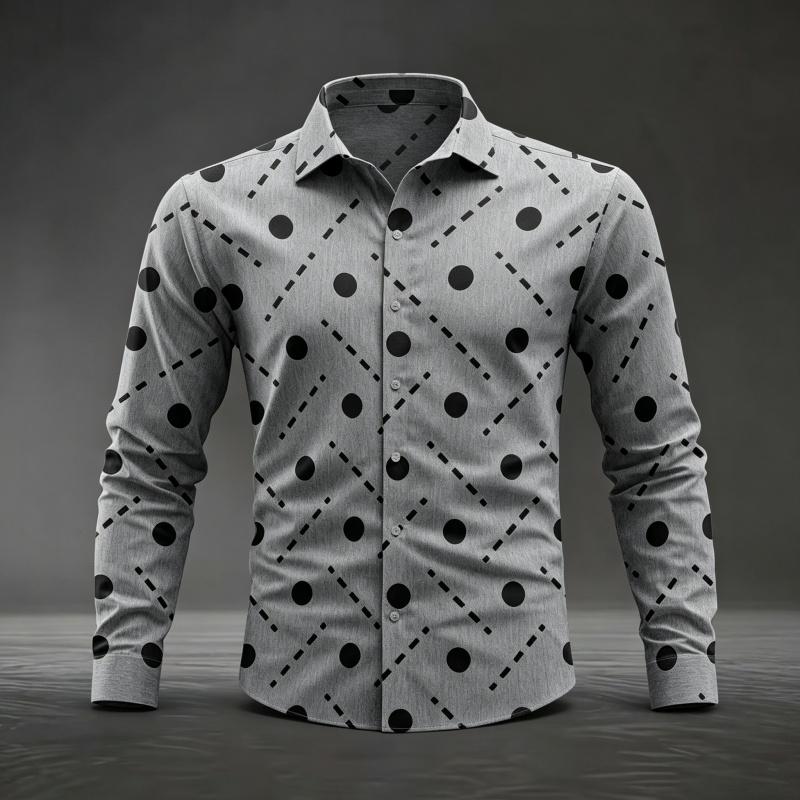Men's Polka Dot and Dashed Line Print Long Sleeve Shirt Slim Fit Casual Tops