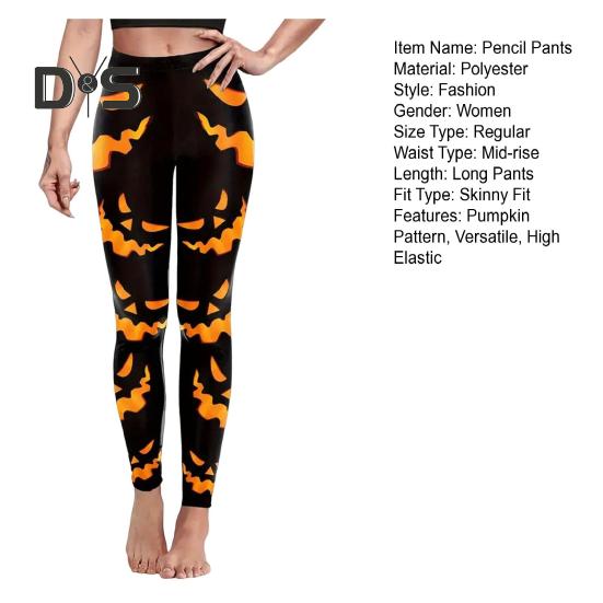 Halloween Pumpkin Leggings Mid-rise Elastic Waistband Skinny Fit Bottoming Pants Girls Cosplay Outfit Tights