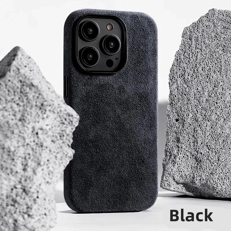 

Новое поступление Роскошный меховой чехол для телефона из гладкой кожи для iPhone 12 13 14 15 Pro Max Чехол для мобильного телефона из замши For IPhone 12 чёрный