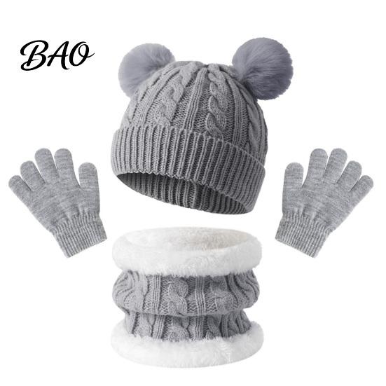Outdoor Skiing Cold Protection Set Kids Winter Warm Knit Set, Bear Ear Hat, Fleece Lined Neck Gaiter & School Wear for Little Full Finger Gloves,