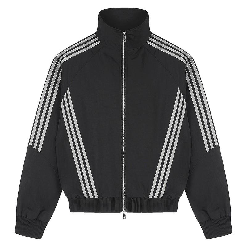 Unisex Retro Sporty Zip-Up Jacket With Stand Collar Triple Stripe Detail Loose Fit Nylon Outerwear