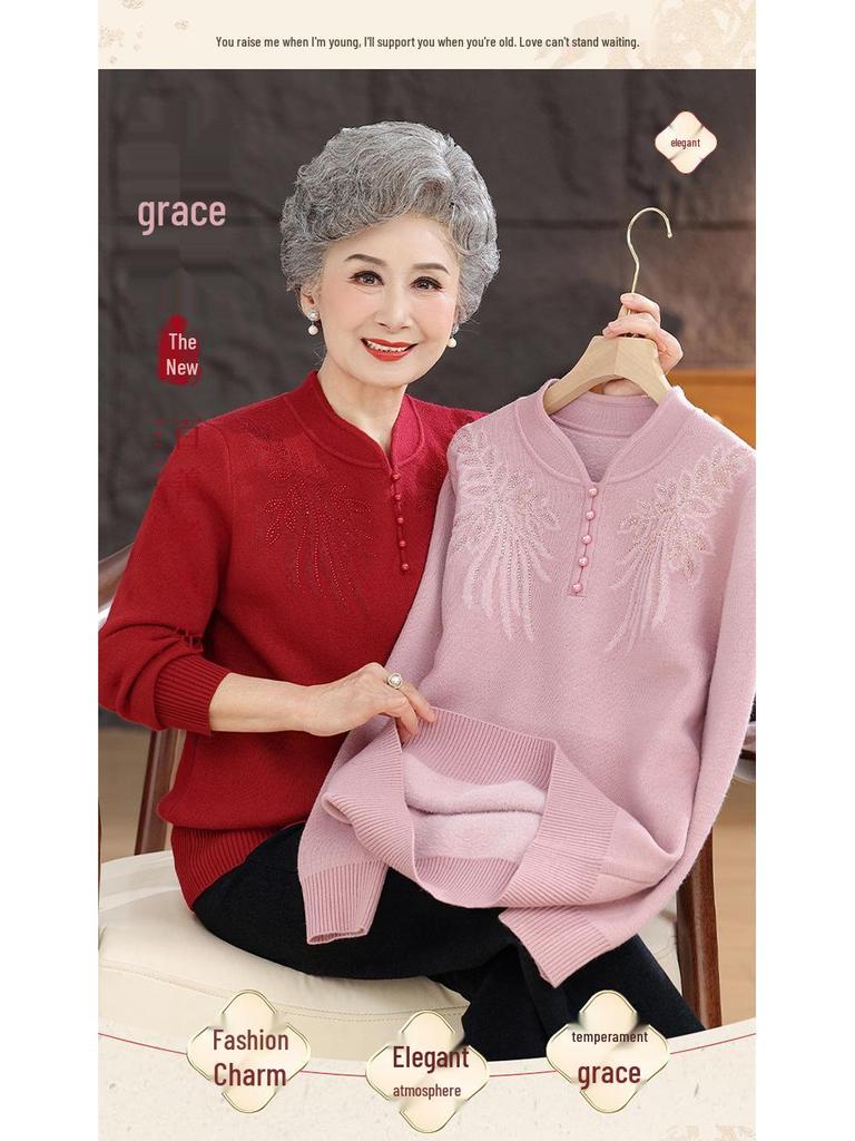 Cozy Winter Sweater for Elderly Women: Velvet-Lined, Half-High Collar, Stylish Base Layer for Autumn.