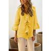 European American Style Leisure Autumn Solid Color V-neck Flutter Sleeve Ruffled Trim Multi-button Cardigan Open Top with Curved Hem