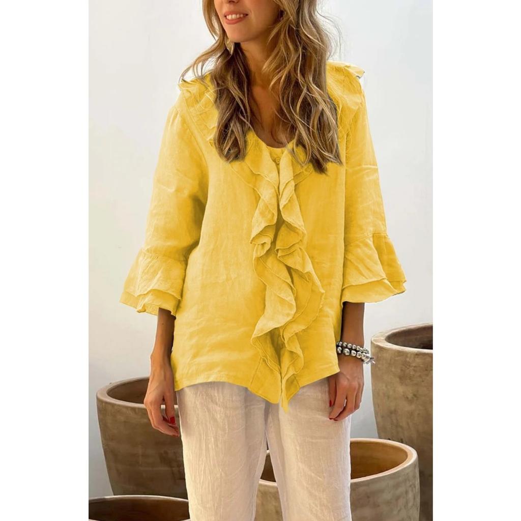 European American Style Leisure Autumn Solid Color V-neck Flutter Sleeve Ruffled Trim Multi-button Cardigan Open Top with Curved Hem