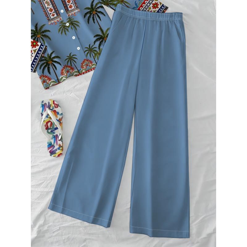 Light Blue Coconut Tree Ethnic Style Shirt Wide Leg Pants Suit Women's Bohemian Resort Style Two-piece Set