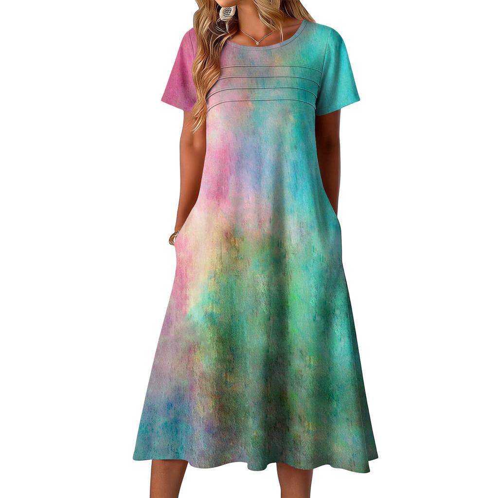 Ladies' Printed Casual and Fashionable Short Sleeved Round Neck Dress