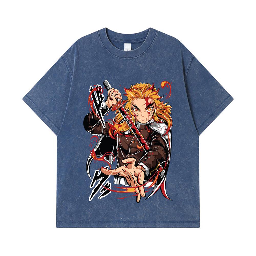 275 GSM Washed T-shirts 100% Cotton Demon Slayer V85 Rengoku Print Unisex Heavy Cotton T Shirt