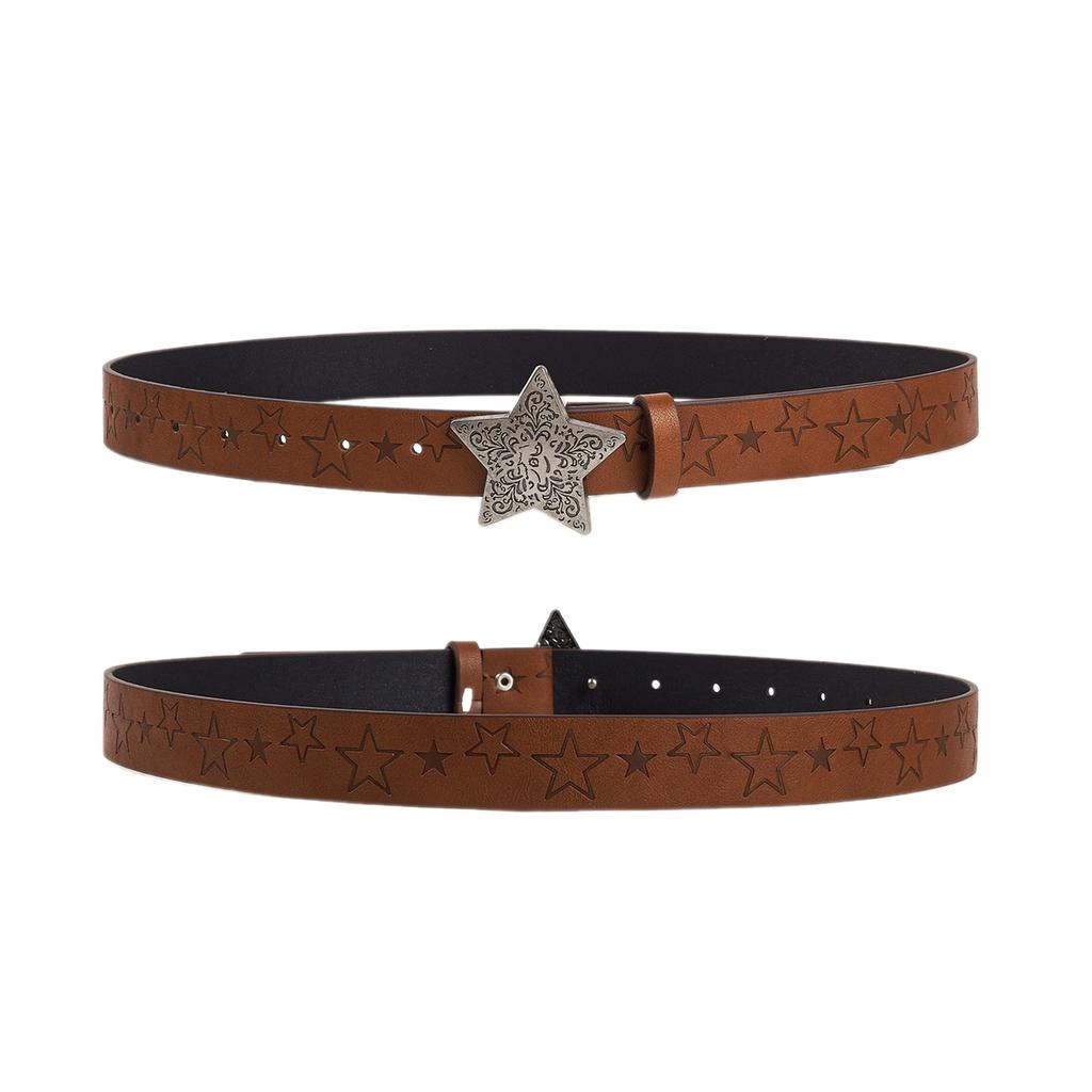 Western Cowboy Faux Leather Belts Star Pattern Buckle Waist Belt Vintage Engraved Embossed Waistband for Women Jeans