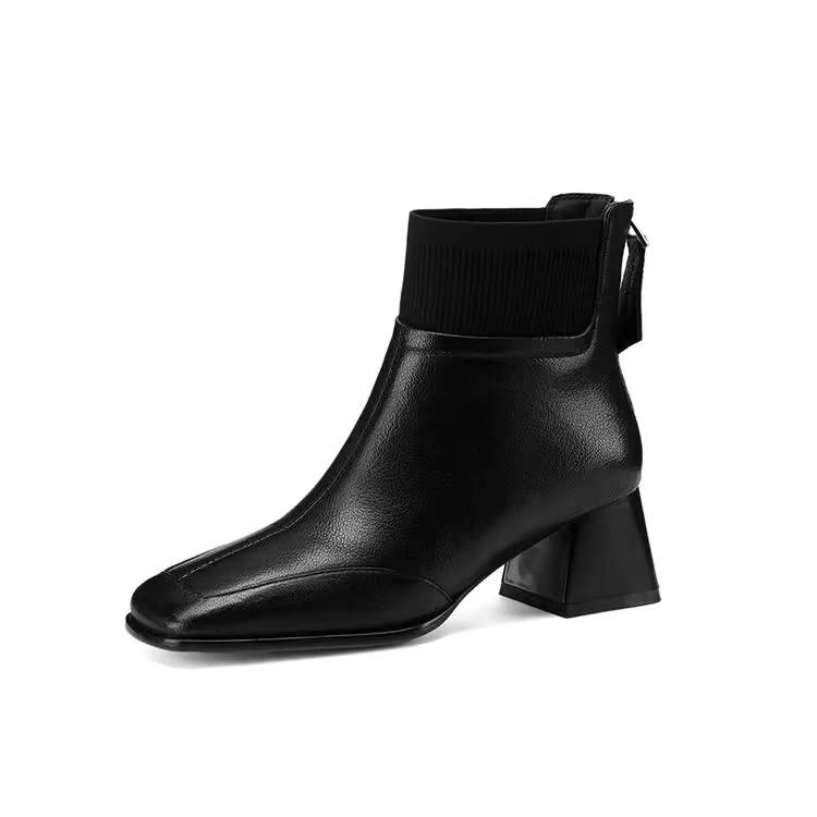 Fashion 5cm Retro Elastic Short Boots for Women Autumn Winter 2025 New Zip Chunky Middle Heel Knitted Mouth Boots Botines Para Mujeres