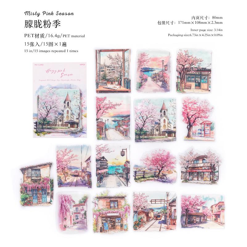 

15pcs/pack City Color Series Street Landscape PET Stickers DIY Scrapbook Handbook Diary Album Material Retro Ins Decor Stickers
