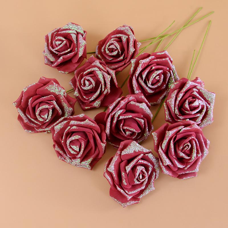 10/20Pcs Artificial Rose Flowers with Stem Foam Glitter Fake Flower Bouquet Wedding Party Centerpieces Home Garden Decoration