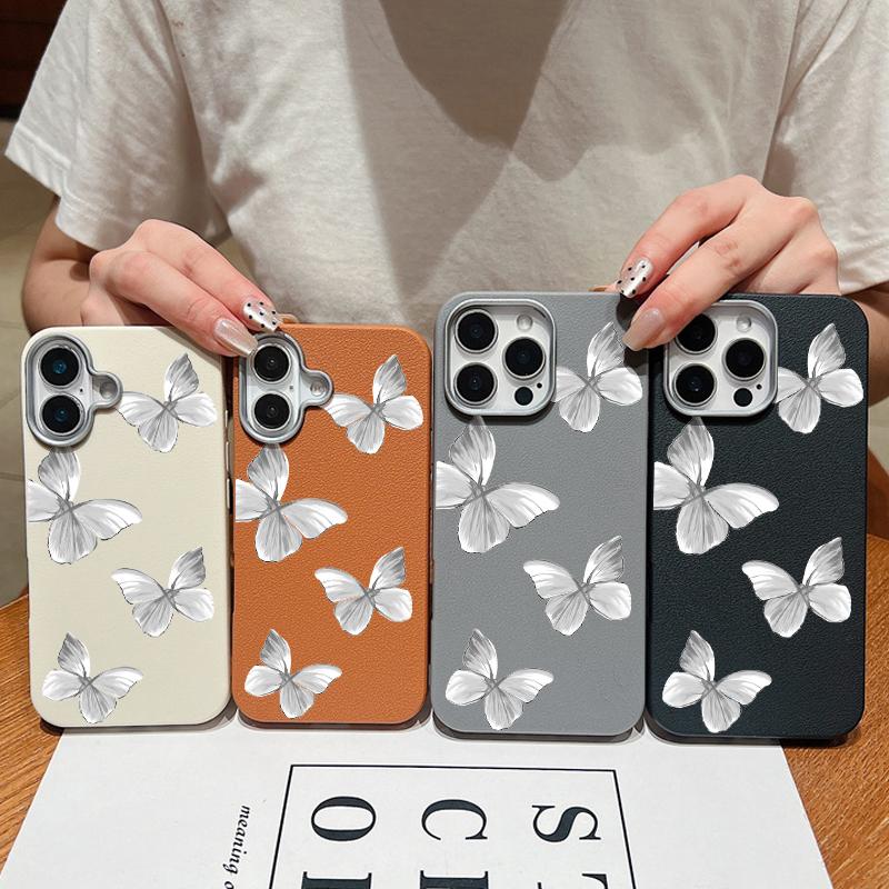 Grey Butterfly Print Shockproof Soft TPU Phone Case For iPhone 16 Pro Max 15 Pro 14 13 12 11 Lens Protection Matte Leather Texture Slim Bumper Cover