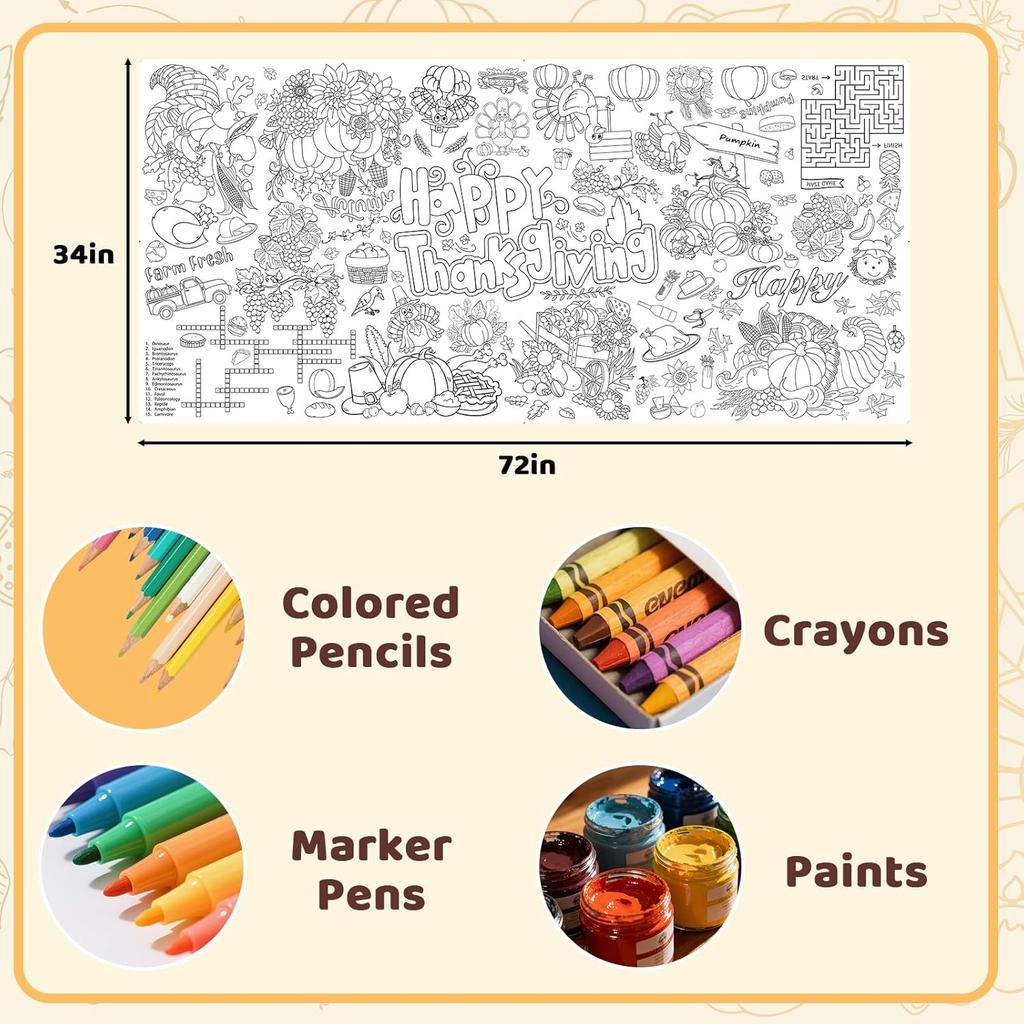 Thanksgiving Coloring Poster/Tablecloth,Giant Paper Thanksgiving Coloring Banner Games and Family Activities, for Thanks Giving Decorations,