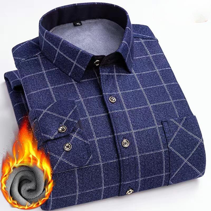 Camicia a maniche lunghe a quadri da uomo con pile ispessito, casual, business, elastica, non stirabile, calda, per gli anziani