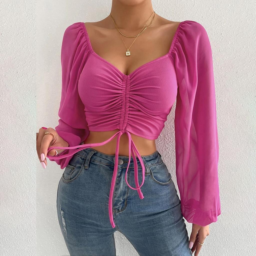 Ladies Casual Solid Color Square Neck Pullover Mesh Splicing Sexy Fashion Top