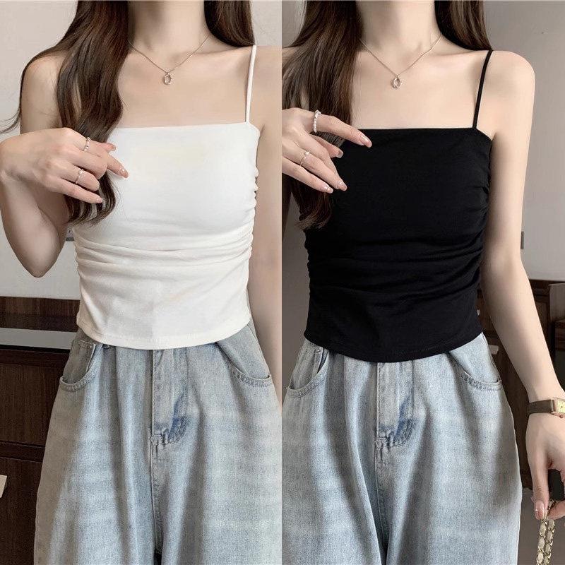Elegant White Camisole with Chest Pads - Women's Stylish Summer Top for Inner and Outer Wear
