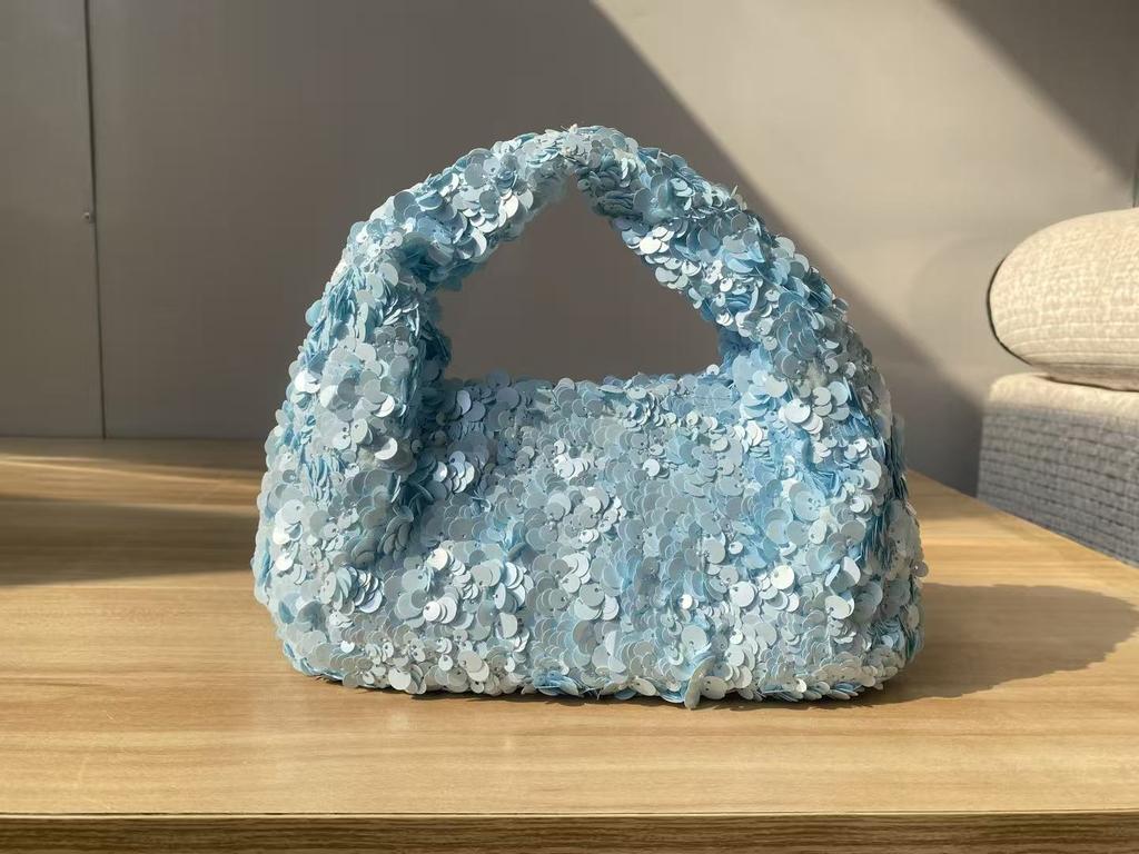 Women White Sequins Hobo Handbag Shiny Bucket Bag Elegant Evening Clutch Bag for Wedding Party Exquisite Small Tote Female Purse