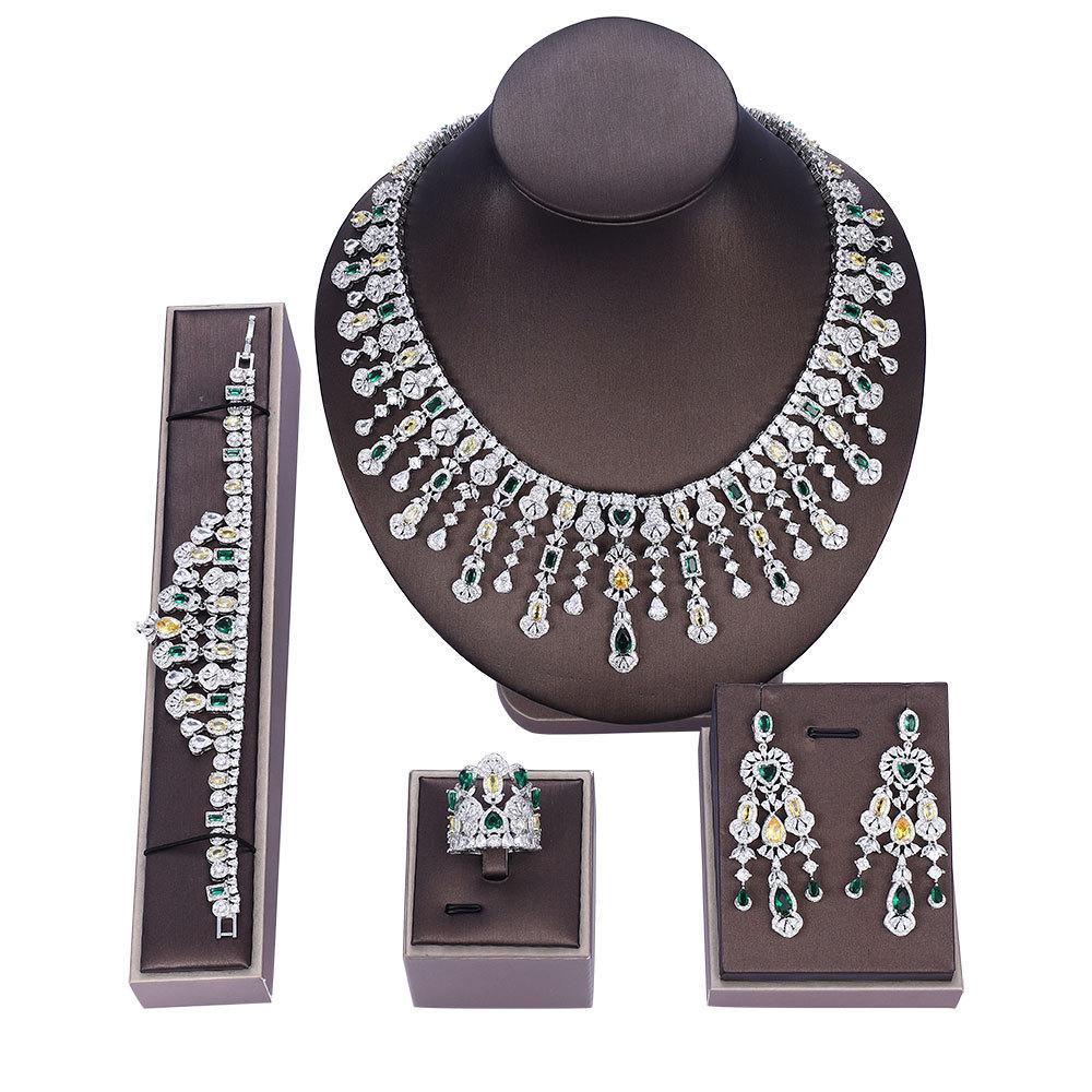 Luxury Dress Jewelry Color Zircon Necklace Set High-end Wedding Micro-set Bridal Wedding Earrings Jewelry