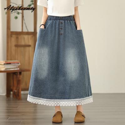 Moda Coreana Taglia Forte Primavera Estate Donna Gonna Denim Vita Alta Cotone Lavato Blu Gonna Pizzo Patchwork Gonna Ampia con Tasche