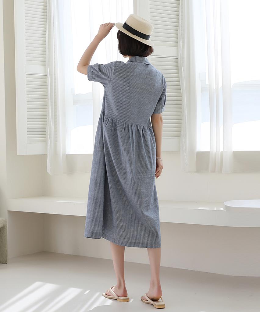 Ppaeppae Striped Collared Linen Long Dress