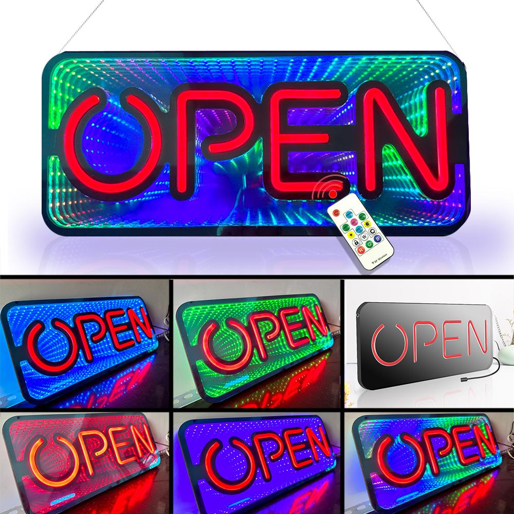 3D Mirror Neon Open Sign 48x20cm Double-Sided LED Light for Pizza Coffee Bar Store - Colorful Background Infinite Tunnel Light