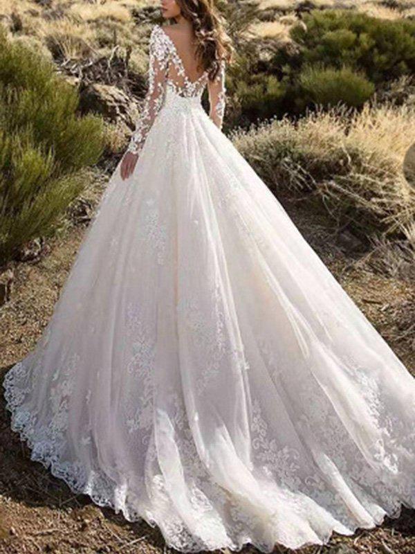 2024 Women's Lace Wedding Dress with Floral Train and Elegant Swing Evening Gown
