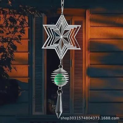3D Snowflake Hexagram Wind Chime with Crystal Prism and Spiral Tail - Garden Hanging Decoration