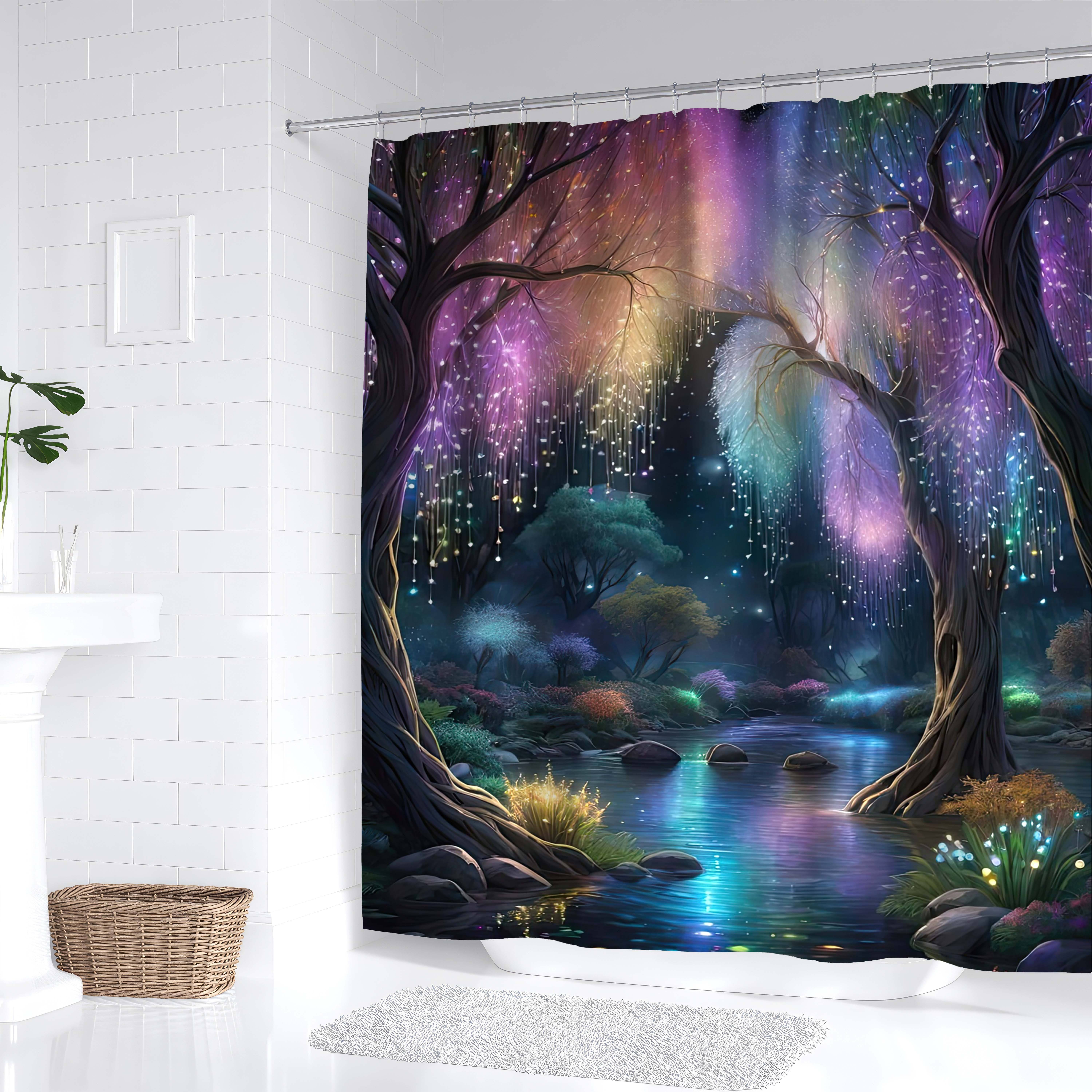 Jessica Chen Enchanted Forest Print Waterproof Shower Curtain For Bathroom, Magical Night Scene Design High-End Toilet Partition Curtain