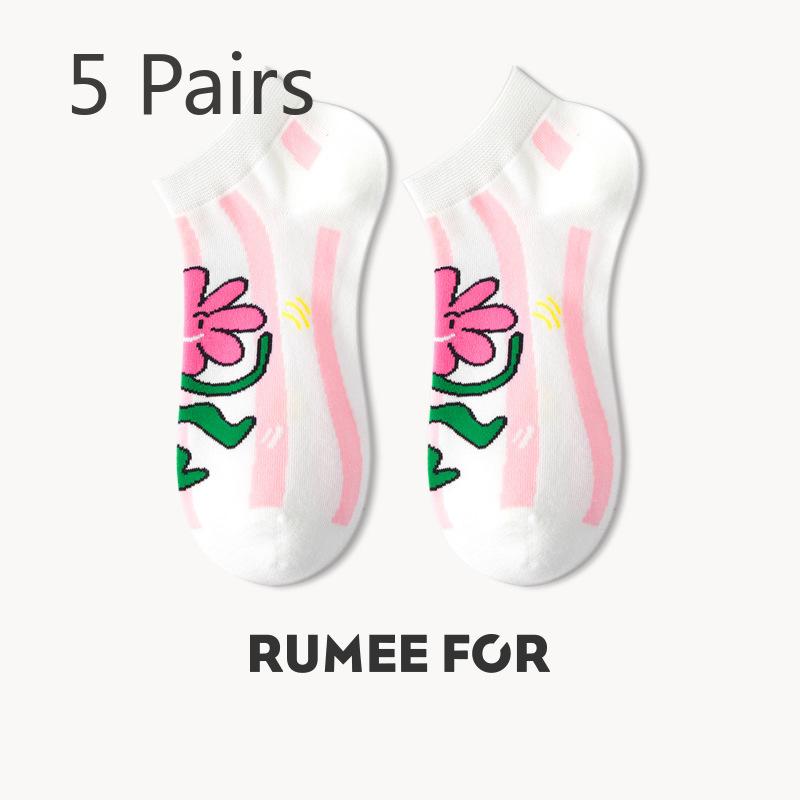 5 Pairs of Female Summer Thin Deodorant Sweat Absorbing Lovely Breathable Shallow Mouth Cartoon Boat Socks