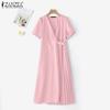ZANZEA Elegant Women Short Sleeve Side Button Waist Pleated Casual Midi Office Dress