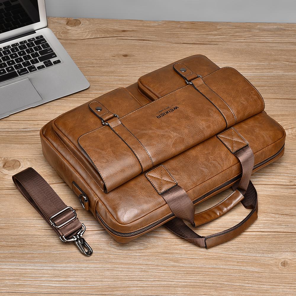 WEIXIER Men's Leather Briefcase 15.6 Inch Laptop Computer Bag Large Satchel Messenger Crossbody Shoulder Bag for Office Business Adjustable Strap
