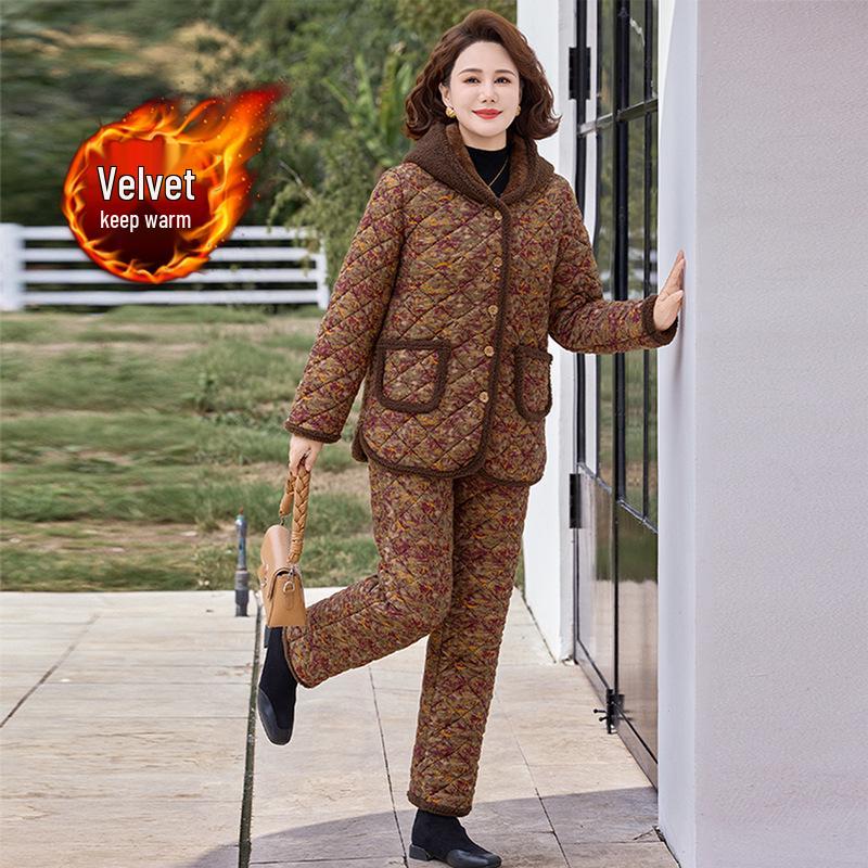 Women's Winter Cotton Two-Piece Set: Fleece-Lined Jacket & Pants for Middle-Aged and Elderly