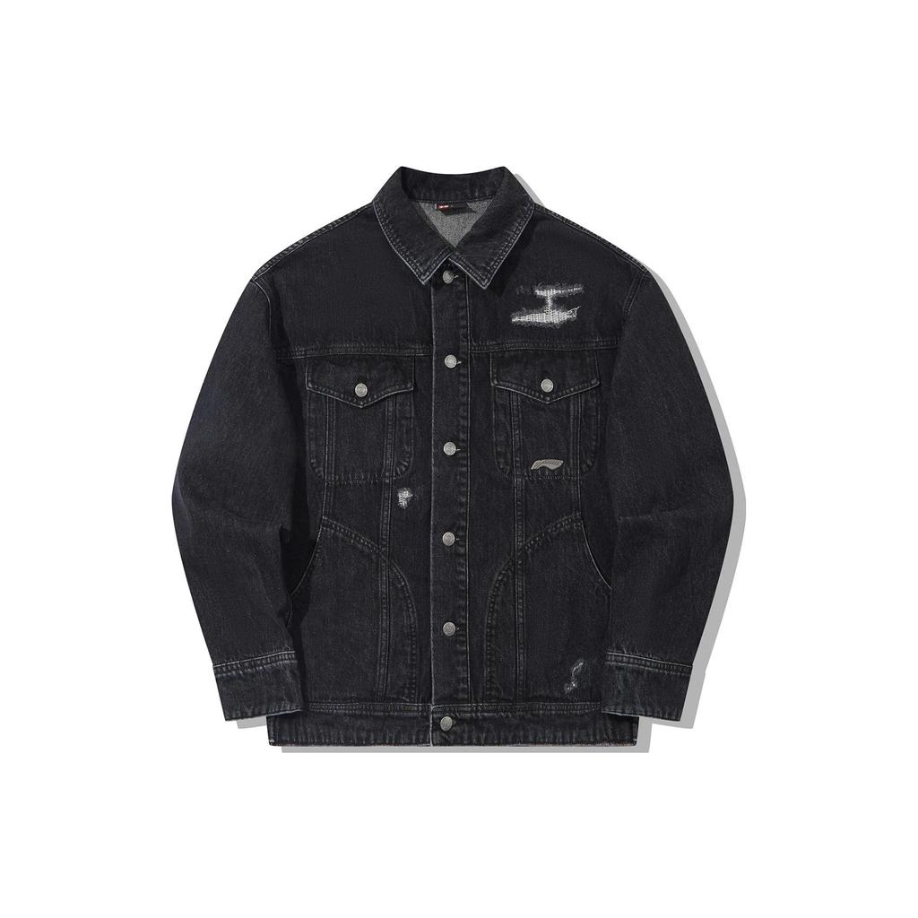 Li Ning X Pleasures Collaboration Series Washed Loose Vintage Denim Jacket Men Jackets Black AJDT751-1