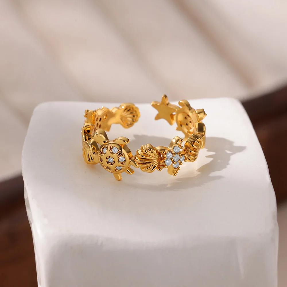 Dainty Zircon Shell Starfish Turtle Evil Eye Rings Stainless Steel Ring Women Anti Fading Golden Charm Zircon Accessories Gifts